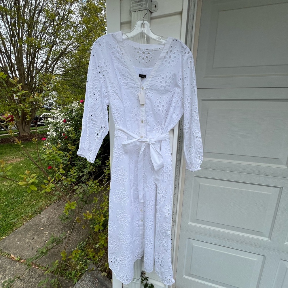 NWT Talbots Pretty White Eyelet V-Neck Cotton Lined MIDI Dress